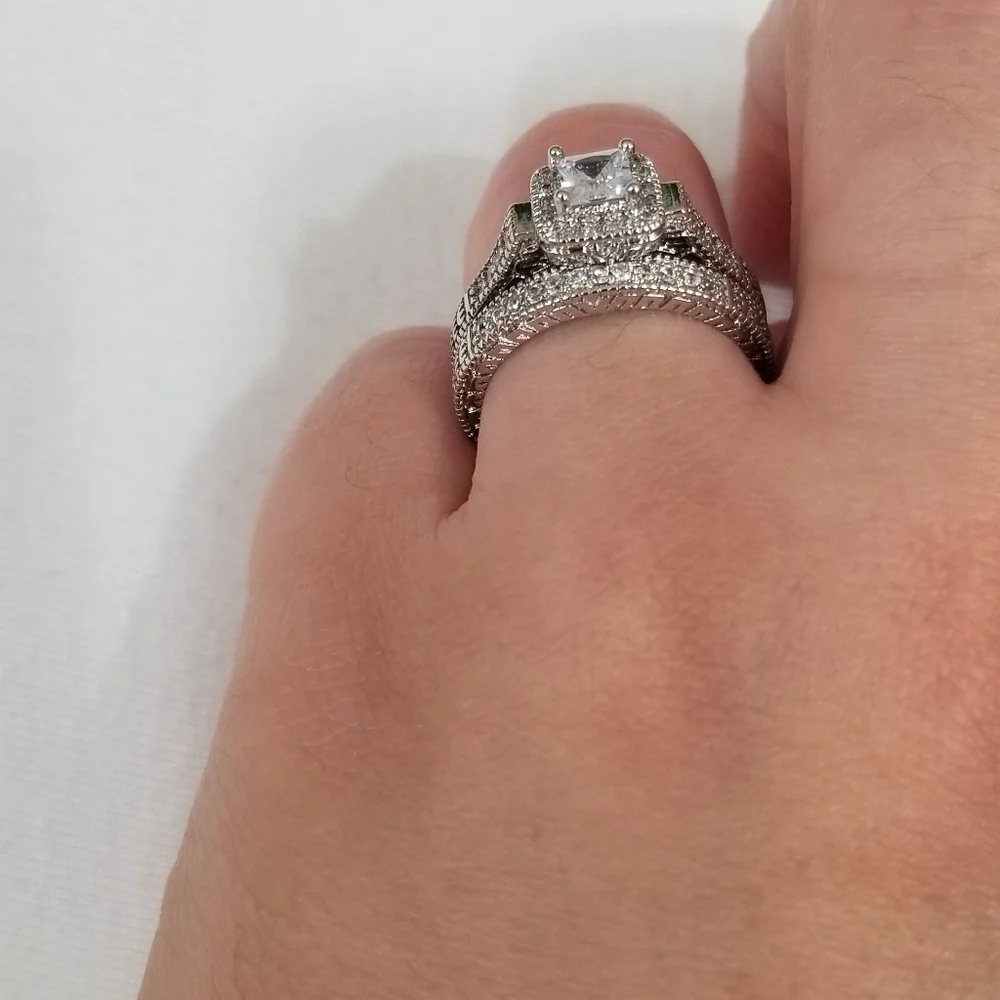Silver Halo Princess-Cut Engagement Ring with Pavé Band